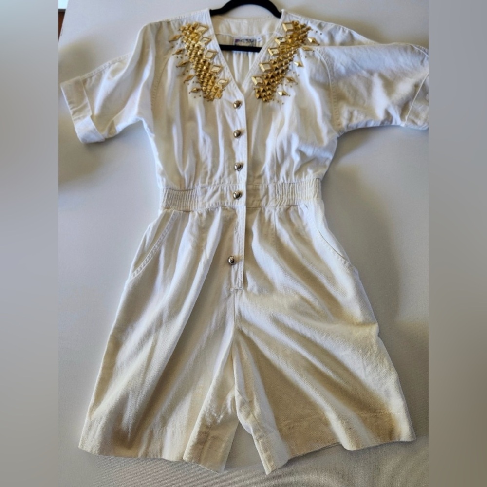 Vintage Monique White Denim Romper Gold Studded Short Sleeve Size 4